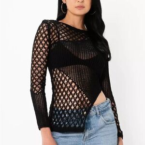 Brand New with Tags (NWT) Asymmetrical Black Mesh Knit Top